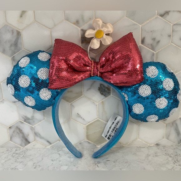 Disney Accessories - Disney Parks Classic Minnie Ear Sequin Headband Blue Polka Dot Red Bow and Daisy
